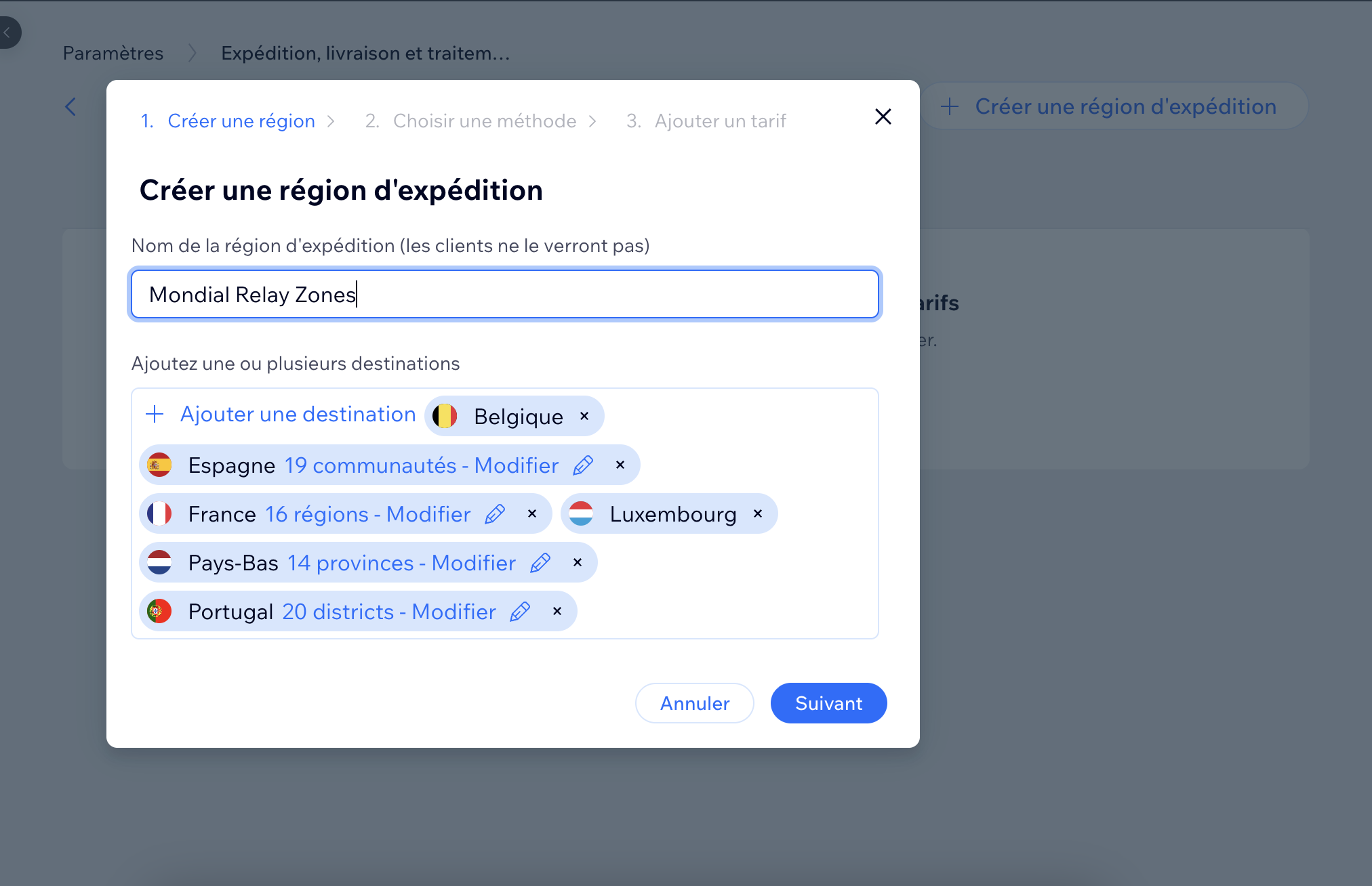 Create shipping region with destinations